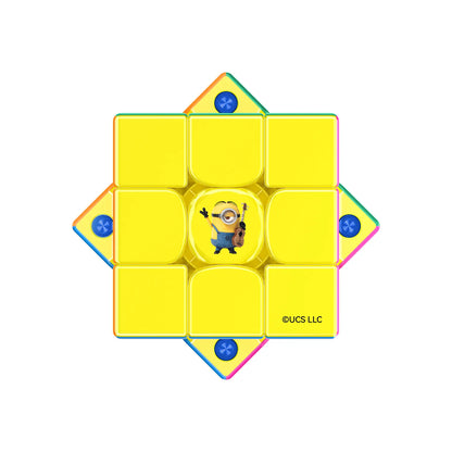 Yellow Minion-themed speed cube with colorful edges and central character graphic