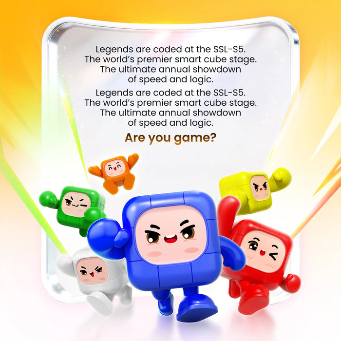 Colorful smart cube characters in action, promoting SSL-S5 speed and logic showdown