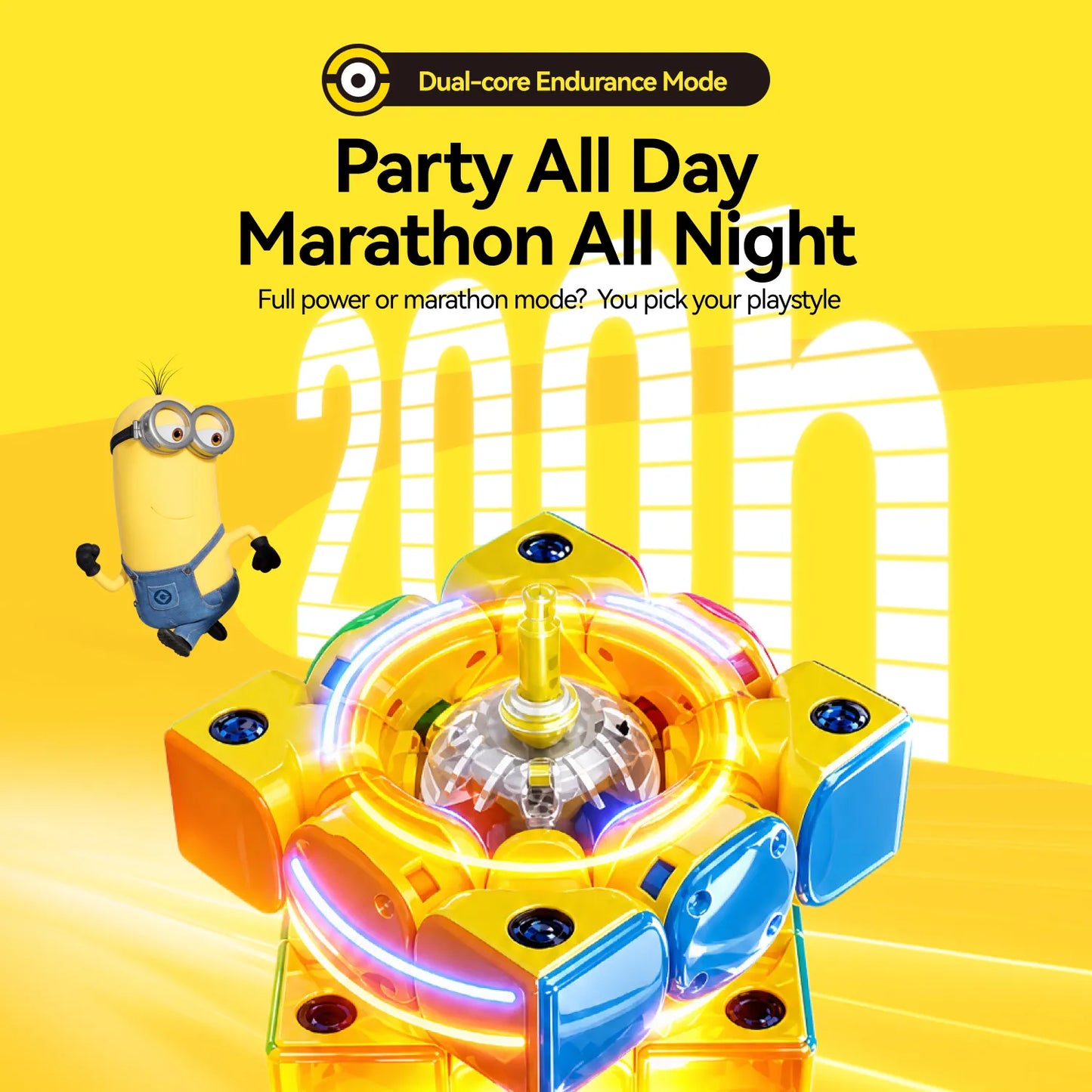 Smart speed cube with glowing RGB lights and dual-core endurance mode, featuring Minion character on vibrant yellow background