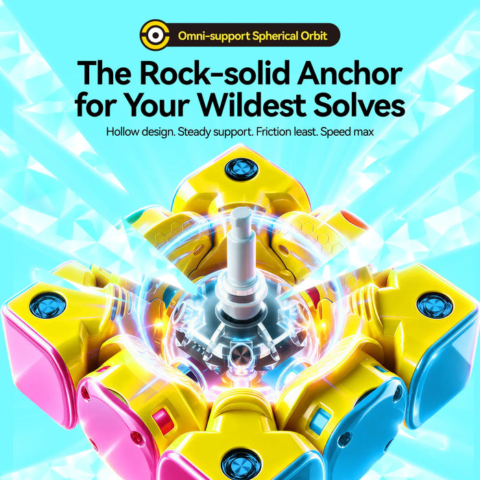 Yellow speed cube core with omni-support spherical orbit, hollow design for steady, frictionless, max speed solves