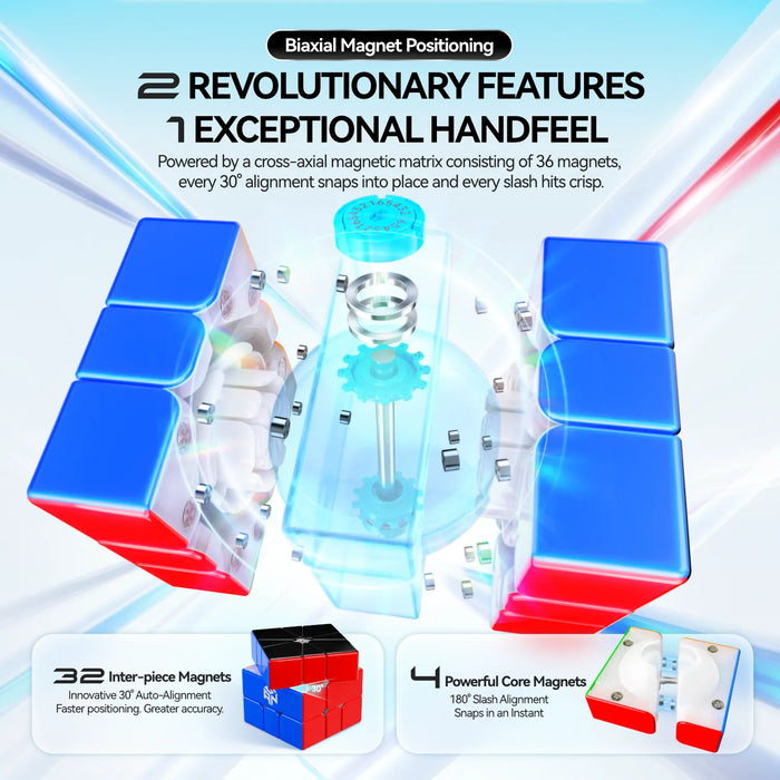 Advanced speed cube with biaxial magnet positioning, 36-magnet matrix, and 30° auto-alignment for crisp, fast solves