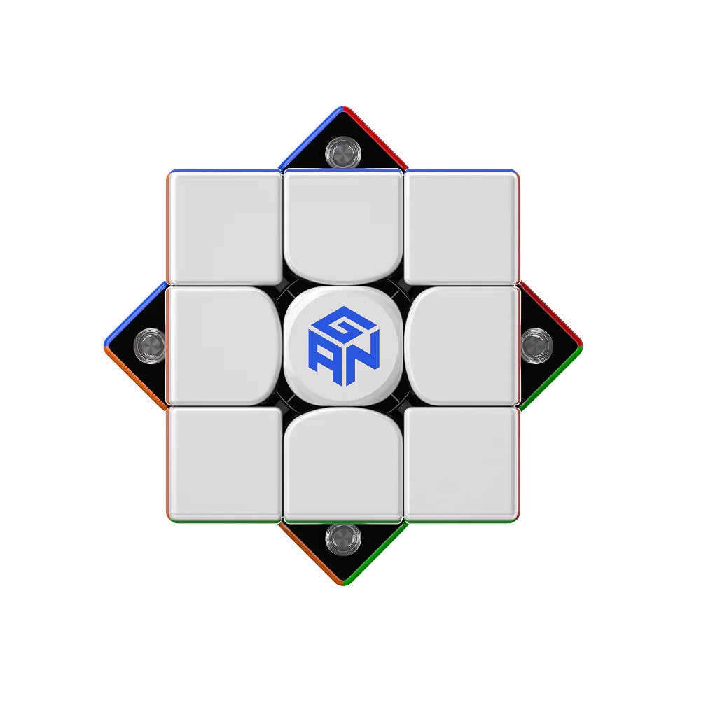 GAN speed cube with blue logo, white face, and colorful edges on white background