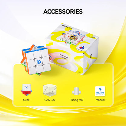 GAN i carry 4 smart cube with accessories: cube, GAN box, tuning tool, and manual on yellow background