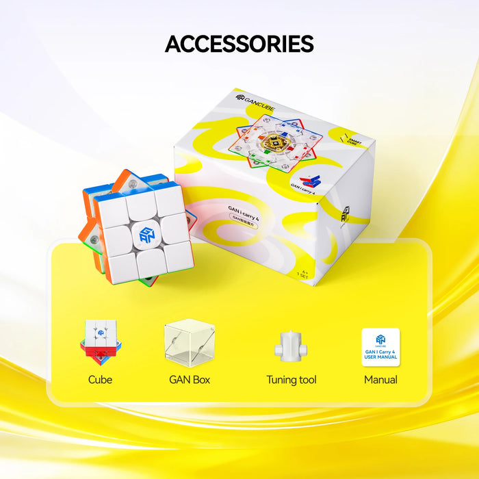 GAN i carry 4 smart cube with accessories: cube, GAN box, tuning tool, and manual on yellow background