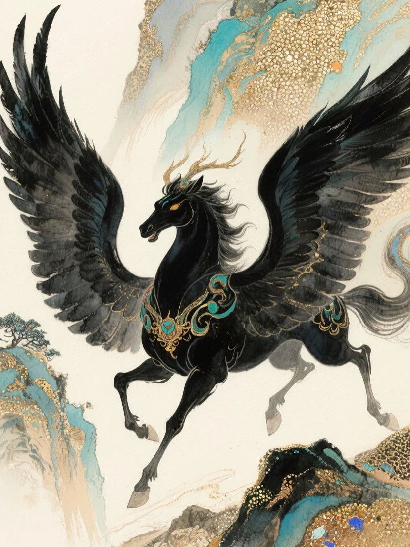 Mythical winged Tianma horse inspired by Shan Hai Jing, symbolizing speed, success, and good fortune for GAN Chinese New Year Edition.
