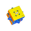 Colorful speed cube with Minion eyes design, featuring yellow, blue, and orange panels.