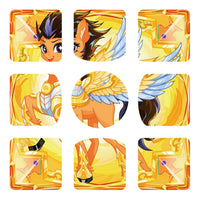 Golden winged character stickers with vibrant yellow and blue accents, featuring dynamic poses and magical elements.