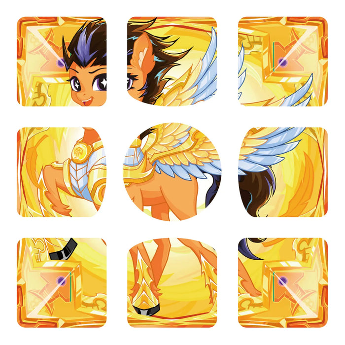 Golden winged character stickers with vibrant yellow and blue accents, featuring dynamic poses and magical elements.